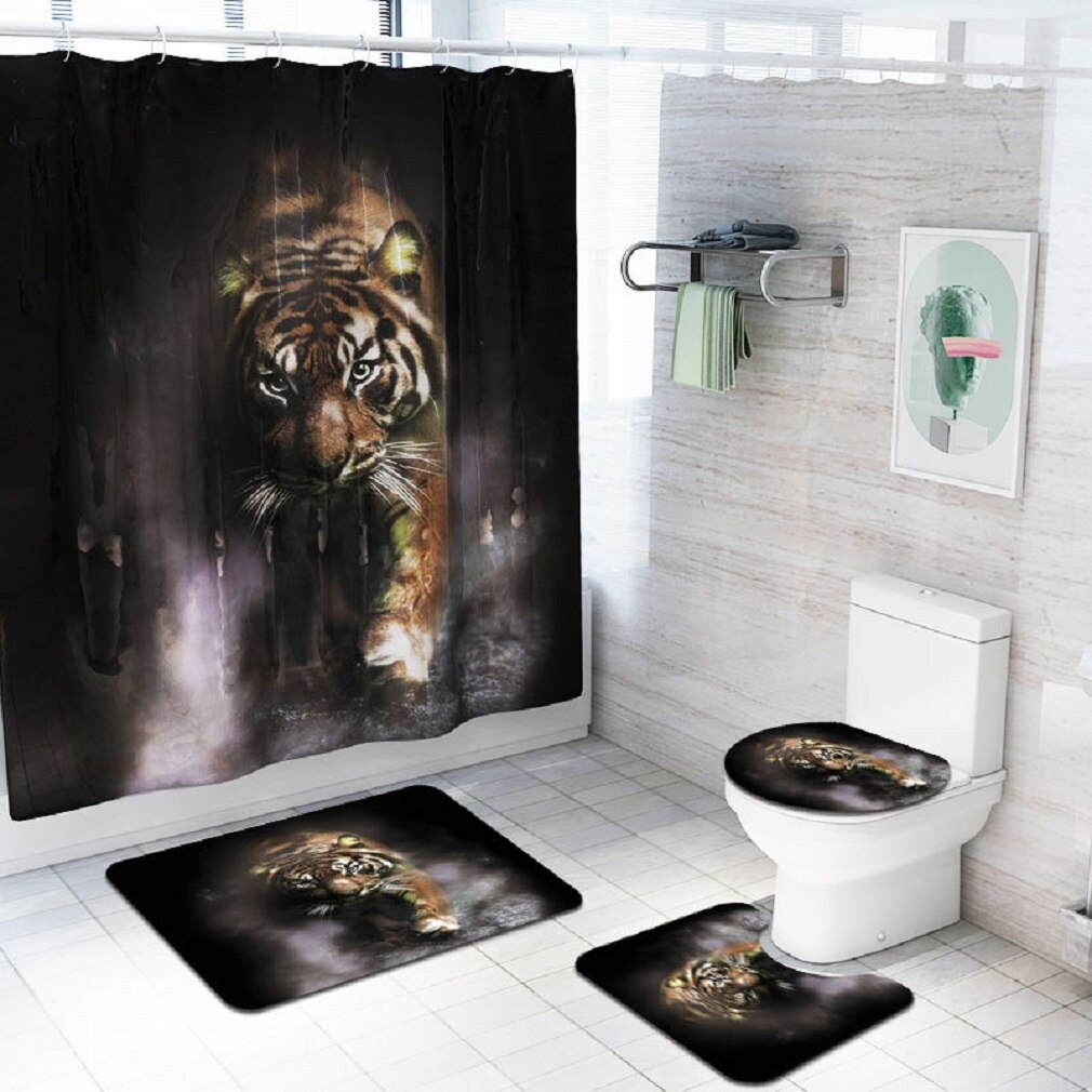Jul 4 stk/sett baderom moon wolf sklisikker pidestall toalettlokk setetrekk badematte pidestallteppe polyester dusjforheng: B