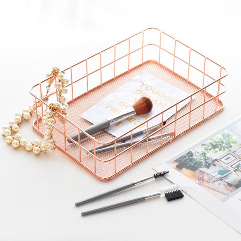 Rose Gold Bathroom Shelf Metal Wire Storage Basket Cosmetic Organizer Holder Home Office Desk Toiletry Collection Nordic Style