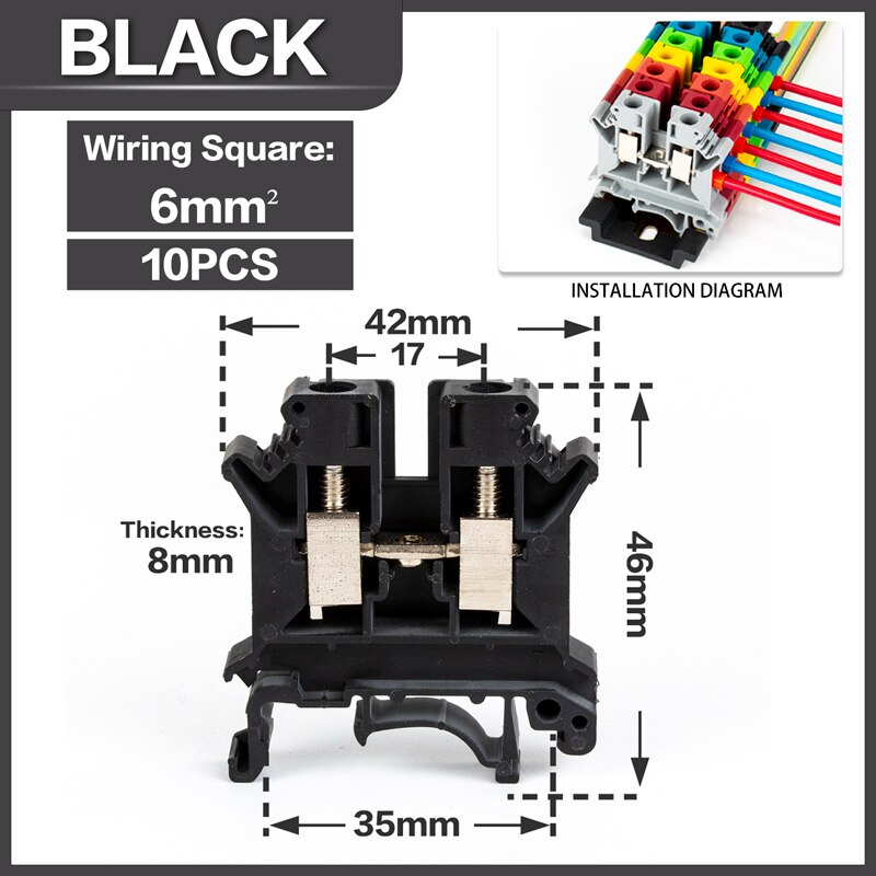 10Pcs Din Rail Terminal Block UK-6N Connductor Universal Class Screw Wire Connector Strips Disassemble assembly: Black-10PCS