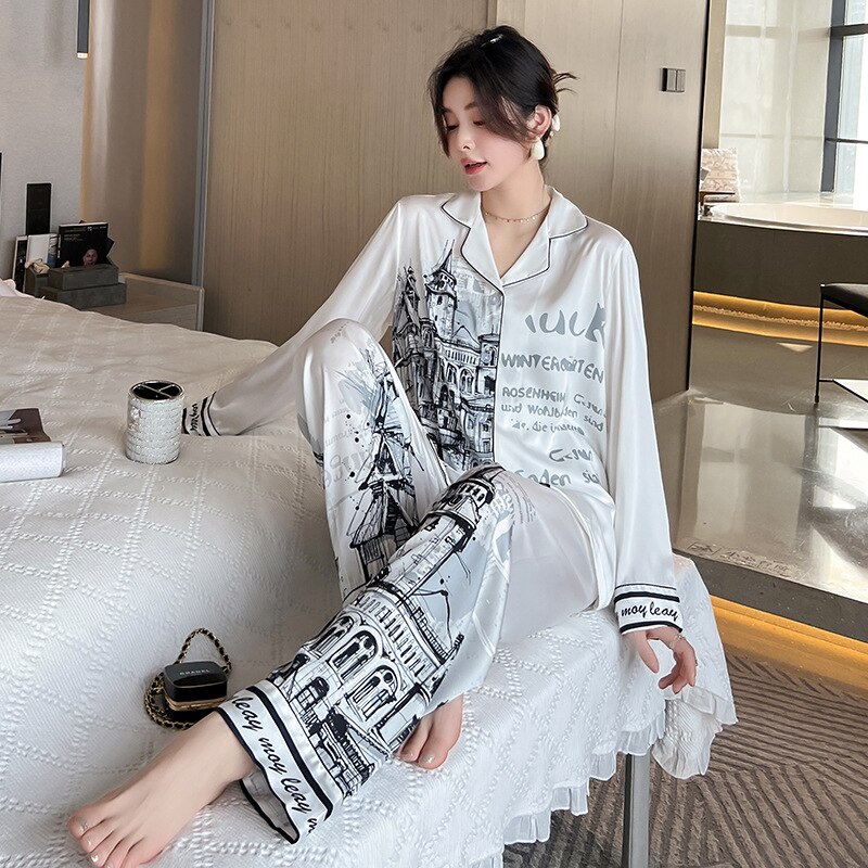 #39 pyjamassæt til kvinder med blæk byprint nattøj silkelignende hjemmetøj v-hals nattøj пижама женская