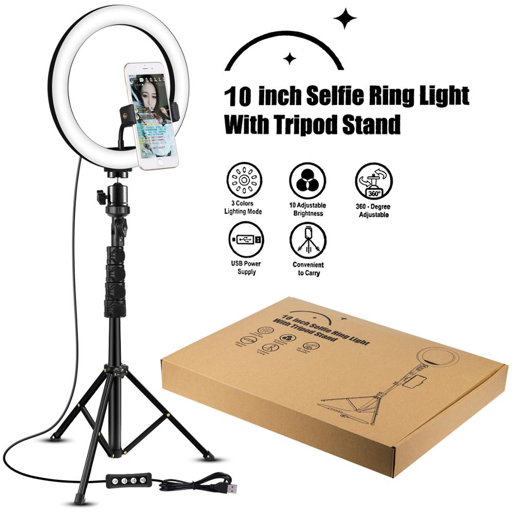 Fotografering ledet selfie ring lys med stativ 10 tommer dæmpbar kamera telefon ring lampe til makeup video live studio