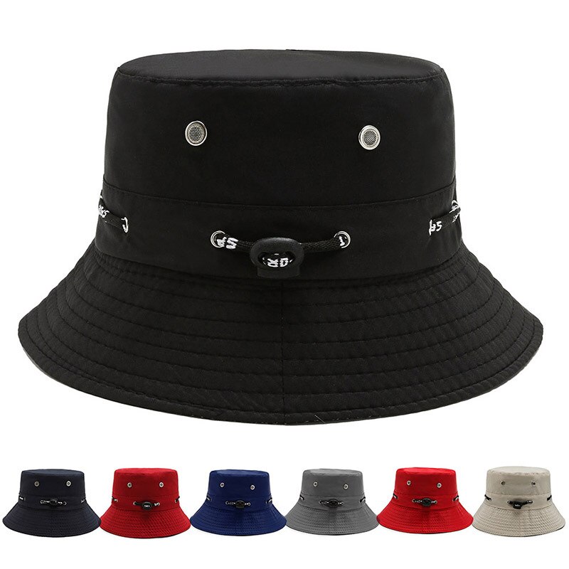 Sombrero de pescador plegable con cuerda para hombre y mujer, gorra de pescador con protección solar, Color sólido, para pesca al aire libre