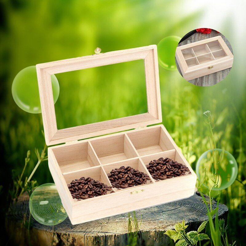 --6 Compartments Tea Box Natural Wood Tea Bag Durable Jewelry Organizer Storage Box Wood Sugar Boxes Packet Contai