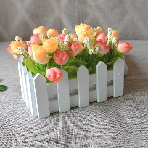1 Set Wooden Fence Vase + Flower Rose And Daisys Silk Artificial Flowers Home Decoration Garden Decor Birthday: Orange