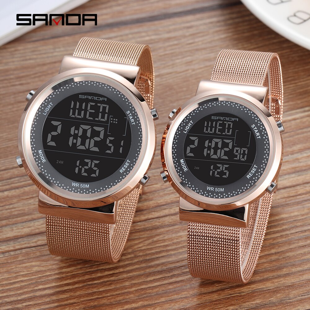 Sanda koppelhorloge led digitaal dames herenhorloge roestvrij staal mesh riem waterdichte liefhebbers horloges relogio masculino