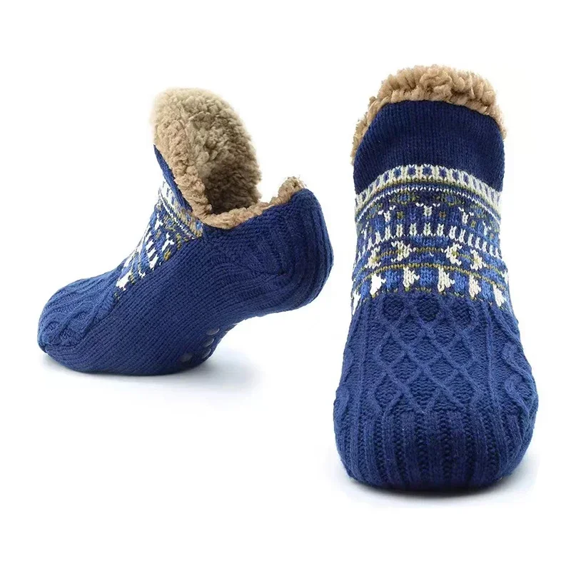 Winter Snow Socks Men Thicken Warm Home Bedroom Socks Slippers Man Non-Slip Foot Warmer Carpet knitted Socks Calcetines Hombre: XS / Red blue