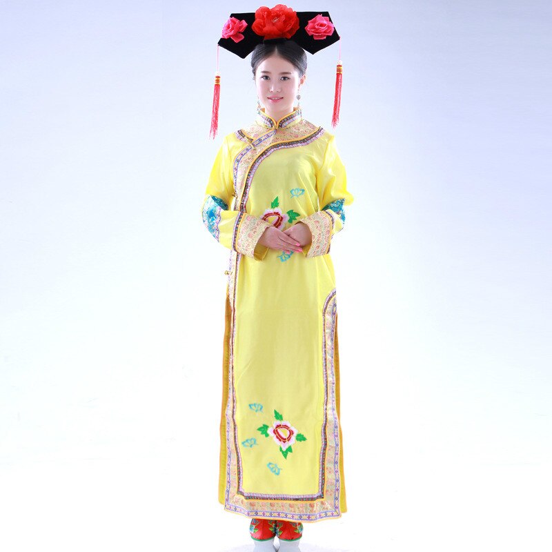 Chinese Traditional Dress Women Cheongsam with Headdress The Qing Dynasty Clothing Princess Costume Stage Costume 17: Yellow