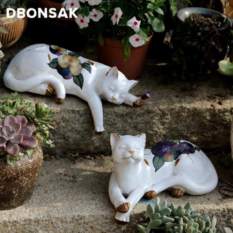 Luie Kat Sculptuur Dier Witte Kat Standbeeld Hars Bloem Kat Kitty Gazon Landschap Dier Ambachten Sculptuur Bloem Stand Decor