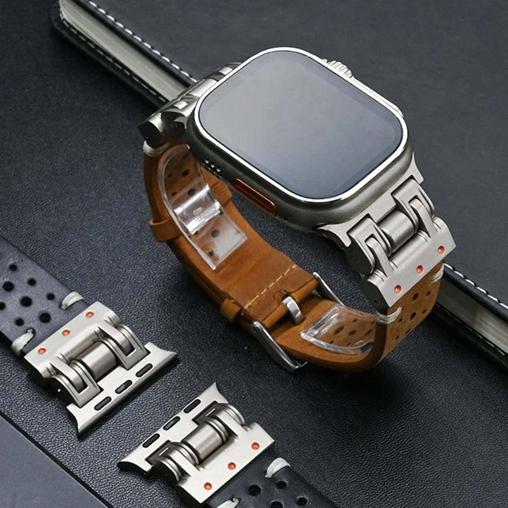 Bracelet de sport en cuir pour Apple Watch, Titanium Document Men Strap, IWatch Series 9 8 7 6 5 4 Se Ultra 2 Correa, 49mm, 45mm, 44mm, 42mm