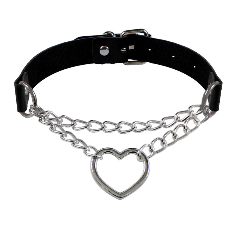 cute cosplay Maid Collar Punk Gothic Leather Choker Metal Chain Harajuku Adjustable Heart Necklace Jewelry
