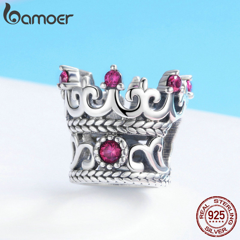 Bamoer na moda 925 prata esterlina rainha coroa rosa cz cristal charme grânulos ajuste pulseiras femininas pulseira diy jóias fazendo scc776