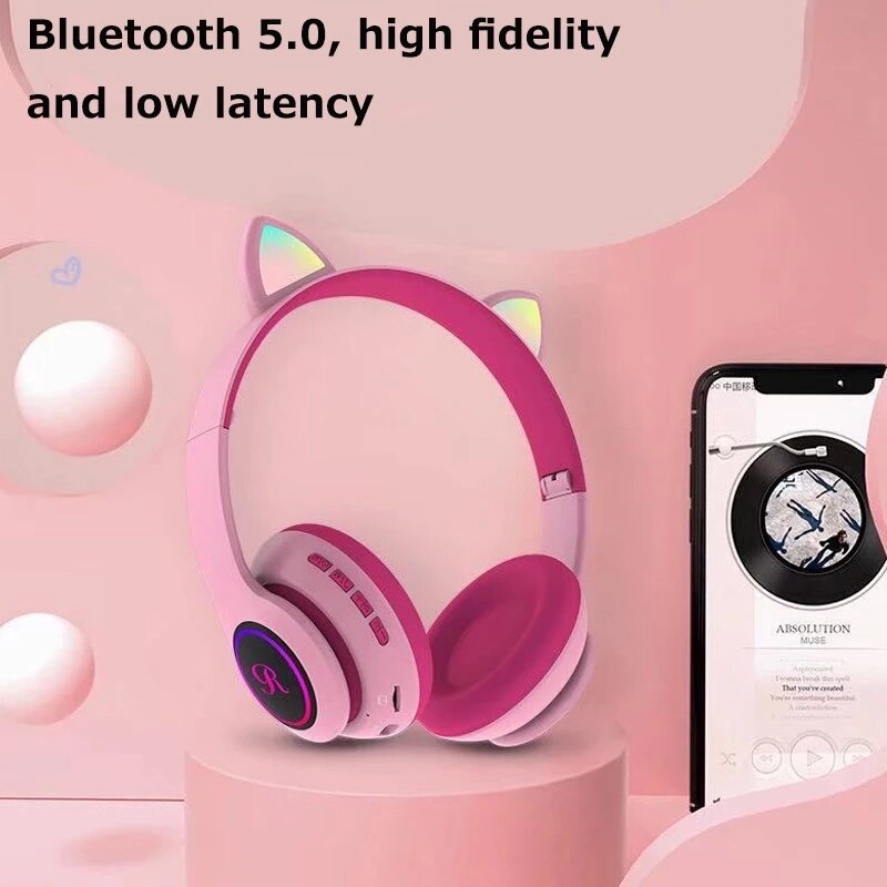 Cat Ear Wireless Bluetooth Headset With Mic LED Hifi Music Stereo Bass Headphones Mobile Phone Girl Daughter Adults Kids Headset