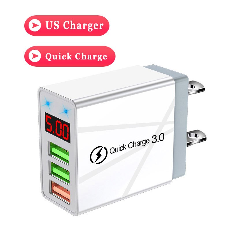 Elough 3 porty USB szybka ładowarka 30W 5V/3A LED cyfrowy wyświetlacz telefon komórkowy szybka ładowarka ładowarki do telefonów komórkowych uniwersalna ładowarka do iPhone Xiaomi Poco x3 ładowarka ścienna: QC US White