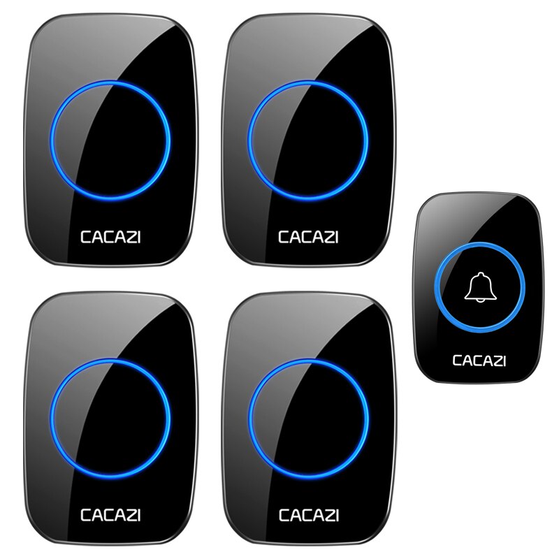 CACAZI 5 levels 36 Chimes 110DB 300M Remote Wireless Doorbell Waterproof LED Light Door Bell Battery powered Smart Door Bell: black 1TR x 4RE