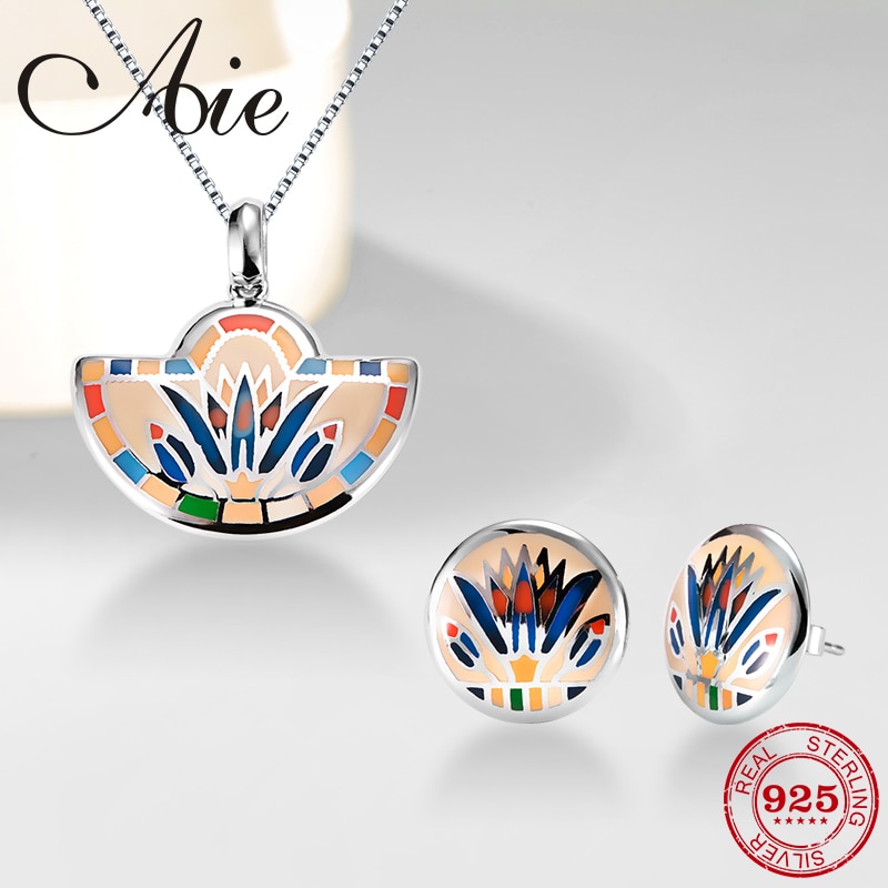 Round Colorful Glass Jewelry set for women Authentic 925 Sterling Silver charms pendant Earrings Party Enamel