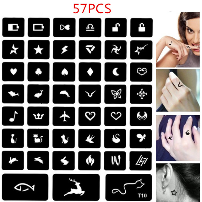 57 st/set henna stenciler katt rådjur hjärta glitter tatuering stencil för kvinnor tjej barn airbrush stencil kropp finger fotled pochoir