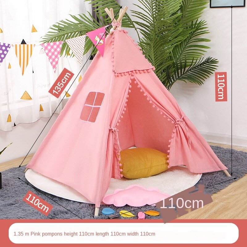 Tipi tent for kids Play-Tent Teepee House Wigwam Room Children's Tent Game-House Triangle Teepee Canvas Sleeping Dome 135cm: Pink pompom