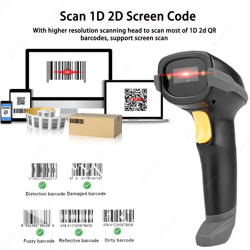 Scanner 2d Wireless with charging base qr Scanner Bluetooth Barcode Reader Code Bar Scanner Handheld Wireless Barcod PDF DM code