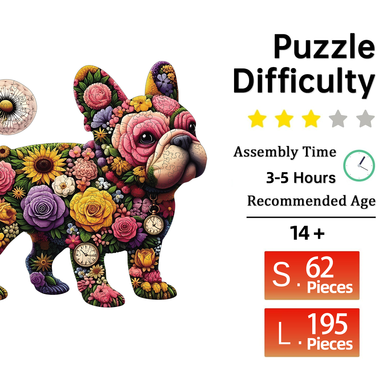 Puzzle in legno per adulti, puzzle colorati con bulldog e fiori, un regalo speciale per amici e familiari, arte moderna per la casa.