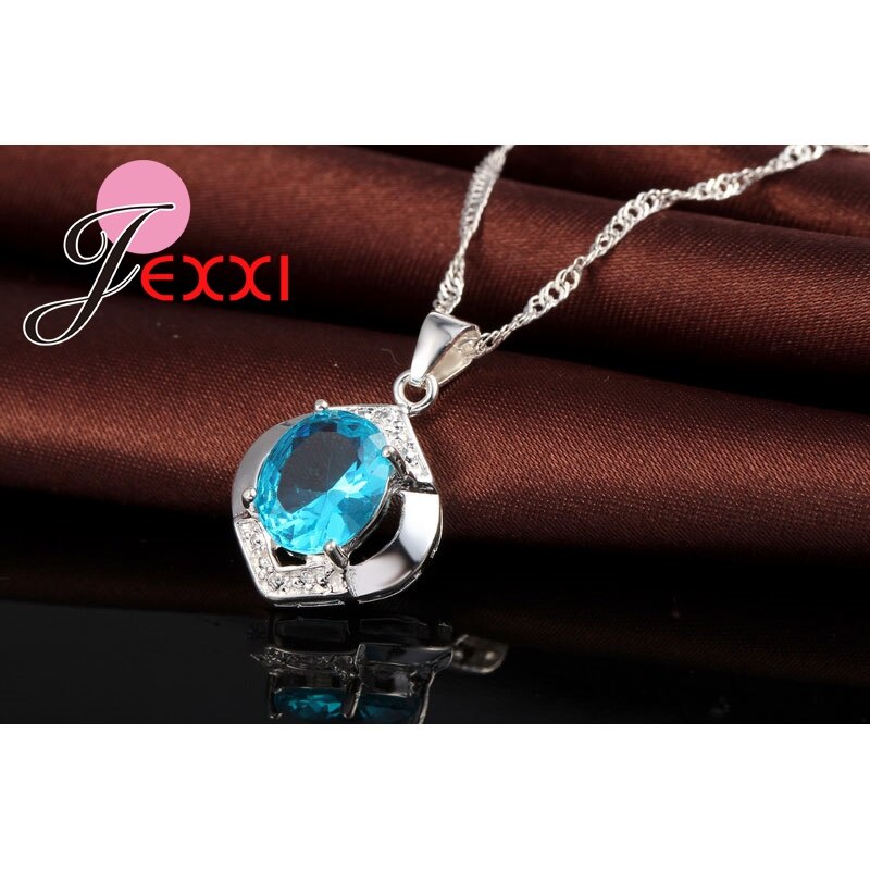 Conjunto Clásico de plata de ley 100% de Grado Superior AAA + zirconia CZ, colgante de compromiso + pendiente de joyería azul, 925