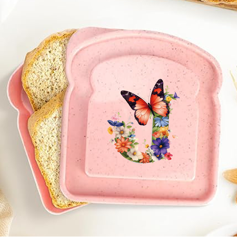 Caja de almacenamiento para tostadas y sándwiches con tapa, fiambrera portátil para alimentos, bolsa de almuerzo para pan, contenedor organizador Bento, patrón de letras de mariposa: Amarillo claro