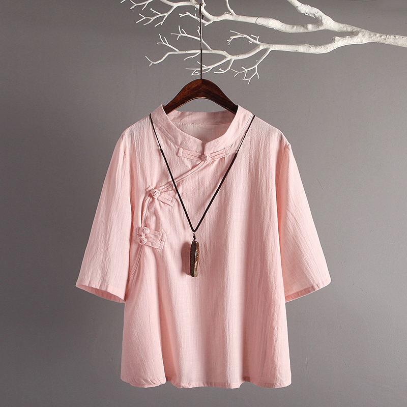 Retro konst bomull 3/4 ärmar lösa linne toppar kvinnor traditionell linne skjorta kinesisk stil kläder kvinnor: Rosa
