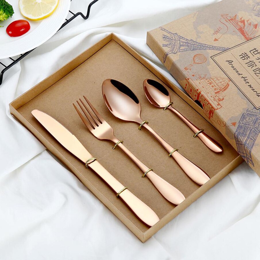 4 st/set färgglada bestick rostfritt stål porslin stek kniv gaffel sked middag västerländsk mat hq regnbåge bestick set