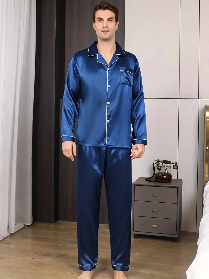 Herre pyjamassæt silke satin nattøj til mænd skjorte langærmet pyjamas herre blødt loungewear store størrelser forårsnattøj: Xxl