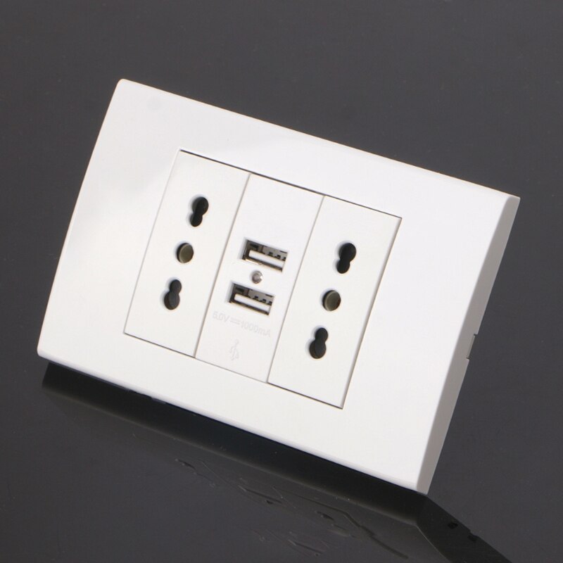 Wall Power Socket Plug, Double Italian / Chile Electrical Outlet With 1000mA Dual USB Charger Port for Mobile 118mm*80mm
