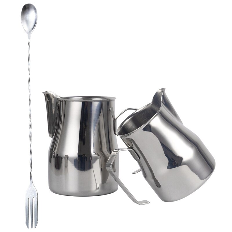 VOBOR Melkschuimkan van roestvrij staal met deksel, opschuimbeker met lekvrije sproeiers en handvat, melkkannetje voor cappuccino, espresso, latte en koffie (350 ml