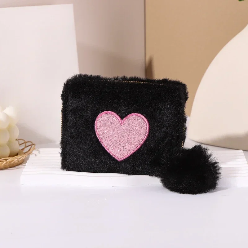 Girls Cute Plush Heart Print Wallet Children's Zipper Coin Purse with Card Holder Clutch Bag Mini Purse Coin Pouch Card Wallet: Blue