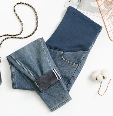Varme jeans barselbukser til gravide kvinder bukser afslappet løs vinter fleece jeans graviditetsbukser barsel tøj: Blå / M