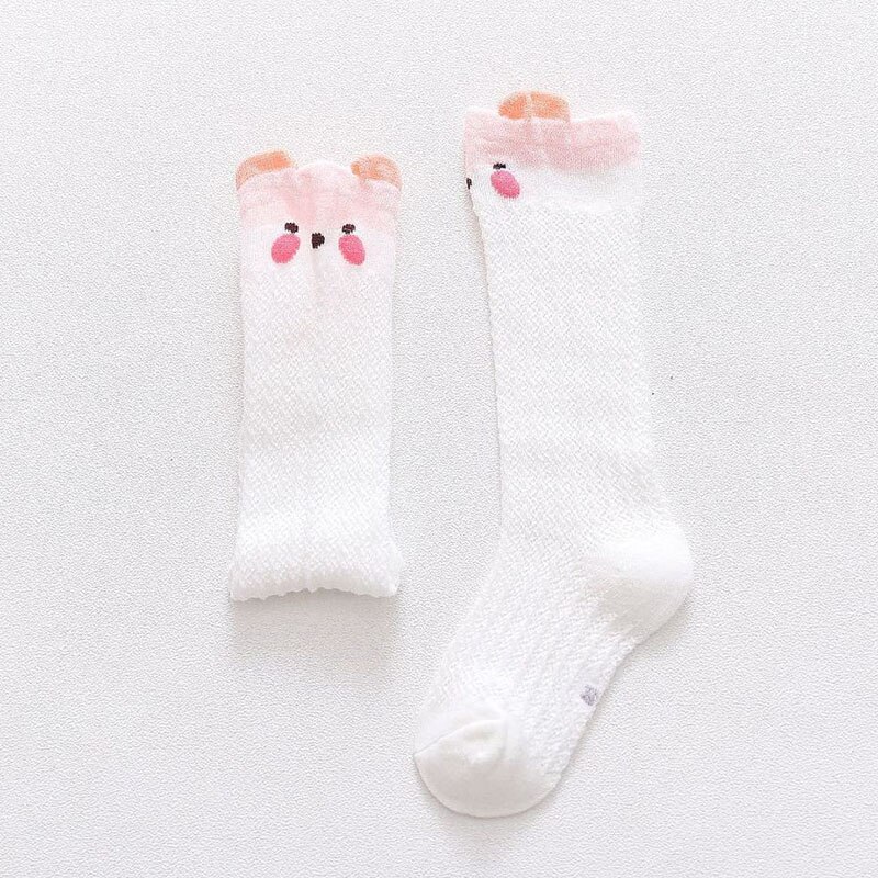 Baby Summer Thin Mesh Long Socks Newborn Girls Cotton Knee Socks Mosquito Proof Socks for Infants Animals: White Pink Bear Sock