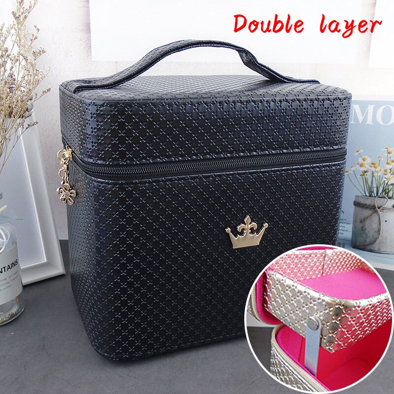 Cosmetic Bag Women Noble Crown Large Capacity Makeup Organizer Portable Brush Storage Case ZF9531: Black(Double layer)