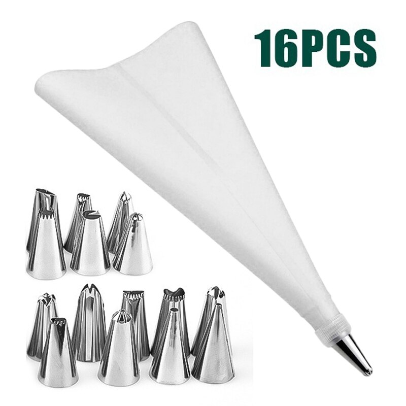 16PCS DIY Ice Piping Cream Pastry Bag Reusable Stainless Steel Nozzle Pastry Tips Converter Squeeze Cake Decorating Baking Tools: White