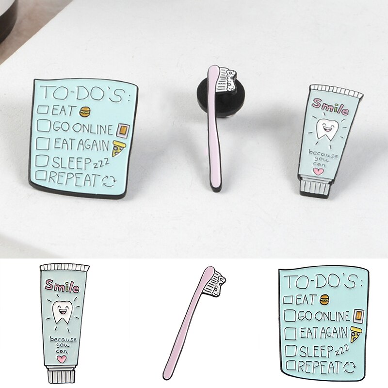 1 stücke Zu tun Liste Zahnbürste Zahnpasta Stift Lächeln Zahn essen Pizza Burger Revers Stift Zahnarzt Broschen