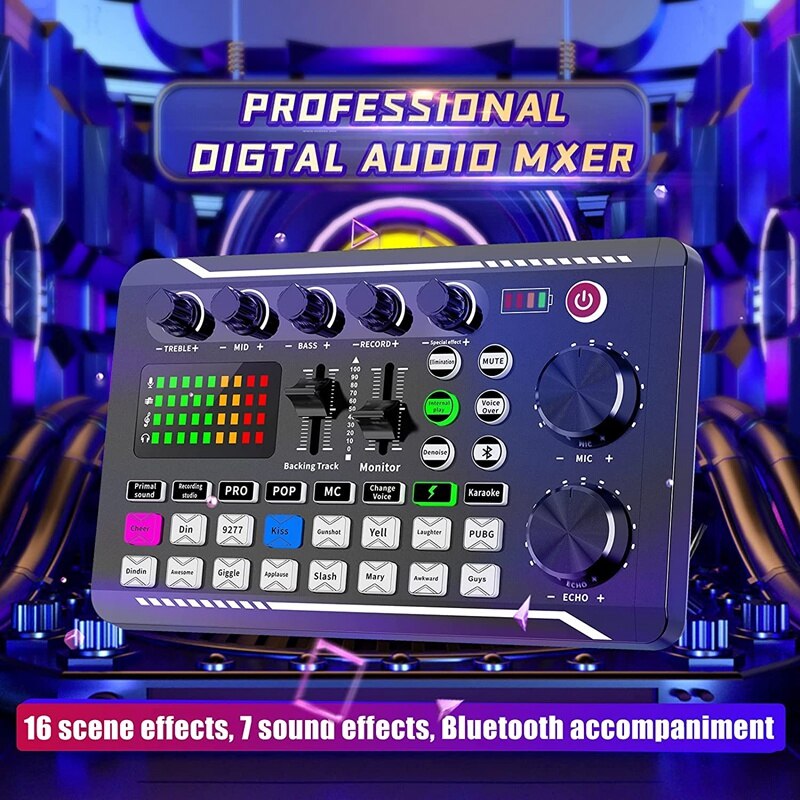 Audio Mixer,Live Sound Card and Audio Interface with DJ Mixer Effects and Voice Changer,Podcast Production Studio