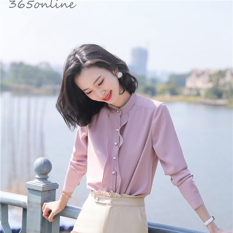 Pink chiffon bluser skjorter lange ærmer til kvinder forår sommer kontor arbejdstøj bluse afslappet ol styles toppe tøj