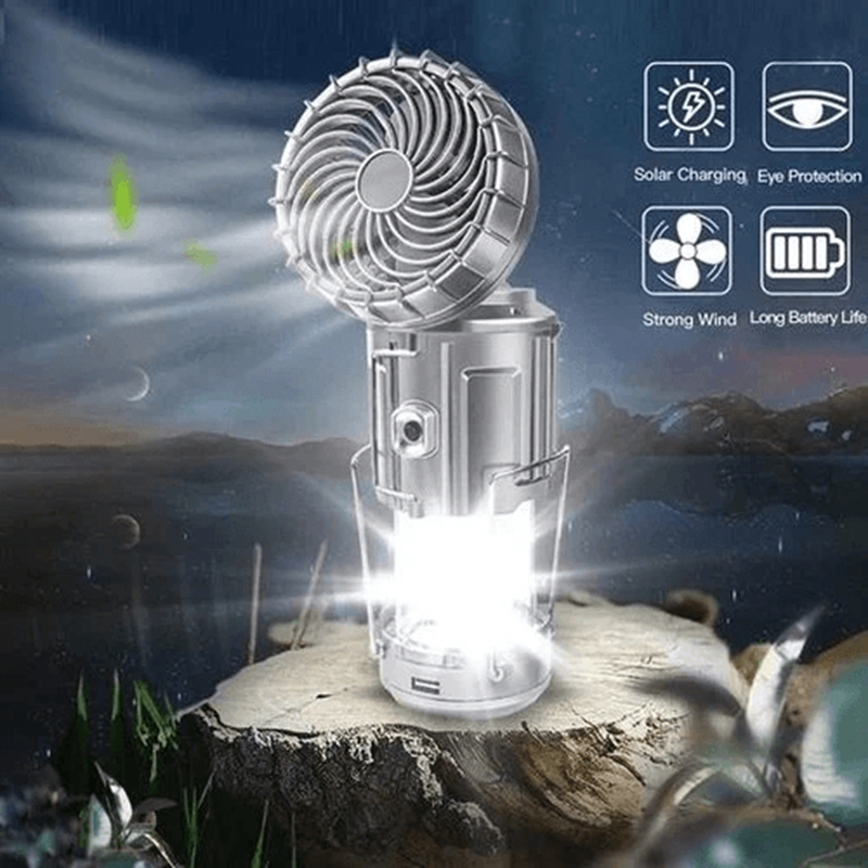Solar Camping Lantern With Fan Portable Stretchable Electric Fan Emergency Light Outdoor Lighting Rechargeable LED Tent Light
