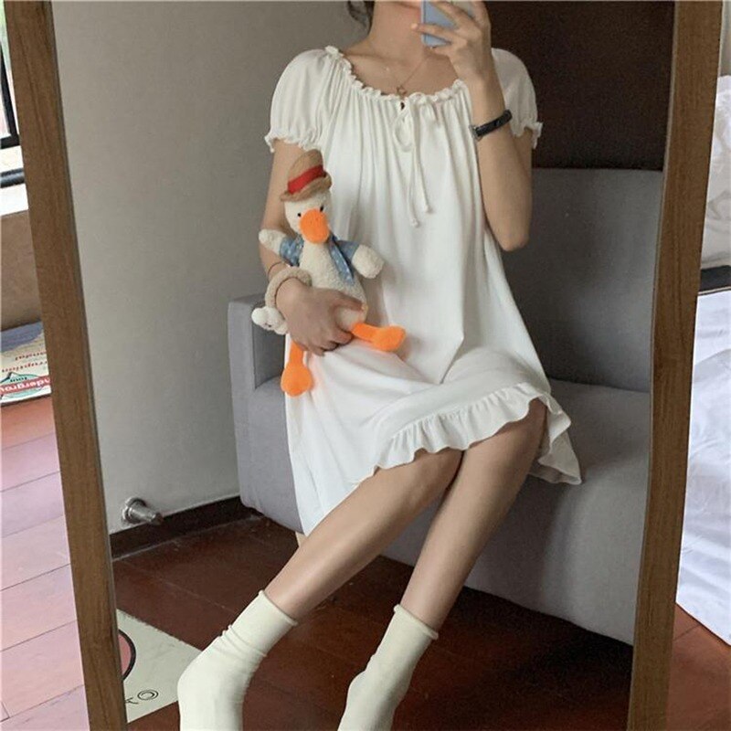 Nightgowns Women Summer Ruffles Lovely Girls Solid Nightwear Knee-length Loose Comfortable Ulzzang Basic Casual Popular Clothing