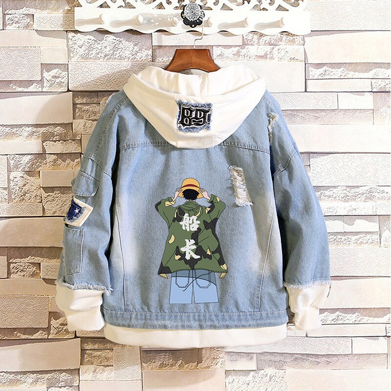Japanska män och kvinnor långärmad casual jeansjacka parjacka i ett stycke king luffy jeansjacka herrrockar och jackor: 4 / Xl
