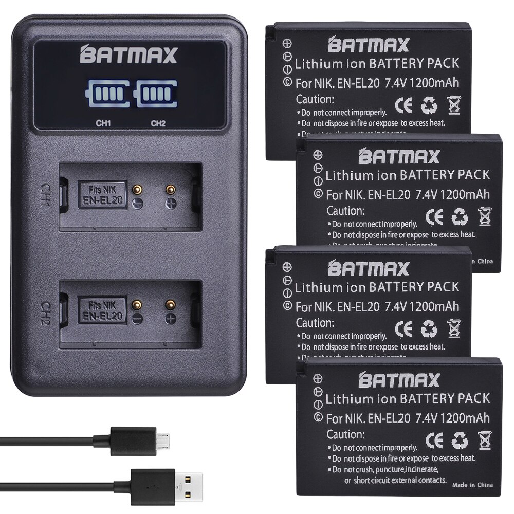 Batmax fi -el20 en-el20a fi  el20 en el20a akku + led usb kaksoislaturi nikon coolpix  p1000 nikon  s1 j1, j2, j3 nikon 1 aw1: 4b laturin kanssa