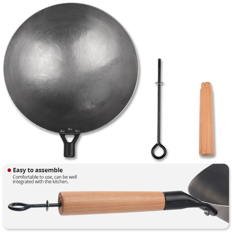 Casserole chinoise en fonte de 34CM, Wok à fond rond antiadhésif Non revêtu avec manche en bois de hêtre pour cuisinière à gaz, ustensiles de cuisine