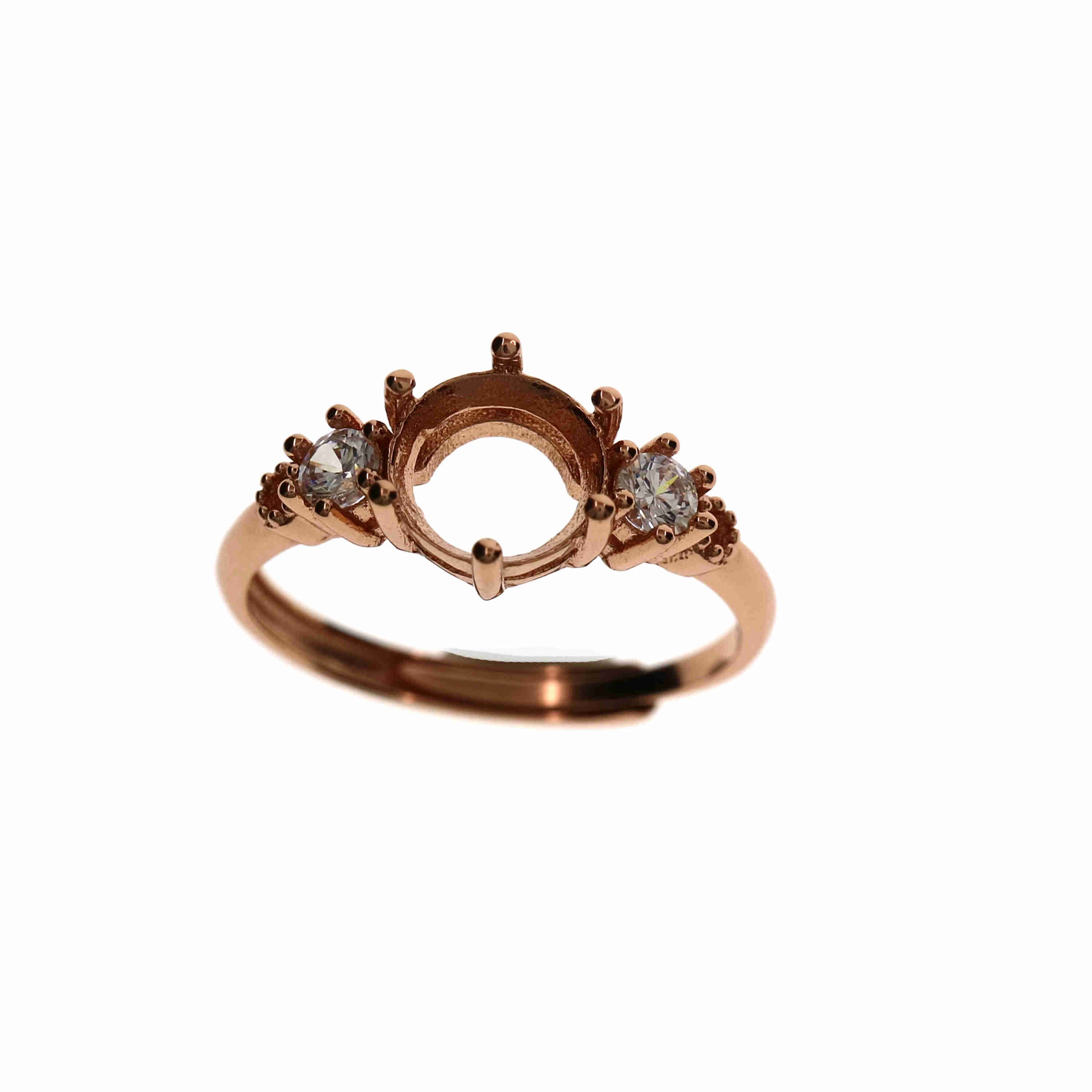 3-8MM round simple rose gold silver Gems CZ stone prong bezel solid 925 sterling silver adjustable ring settings 1210034