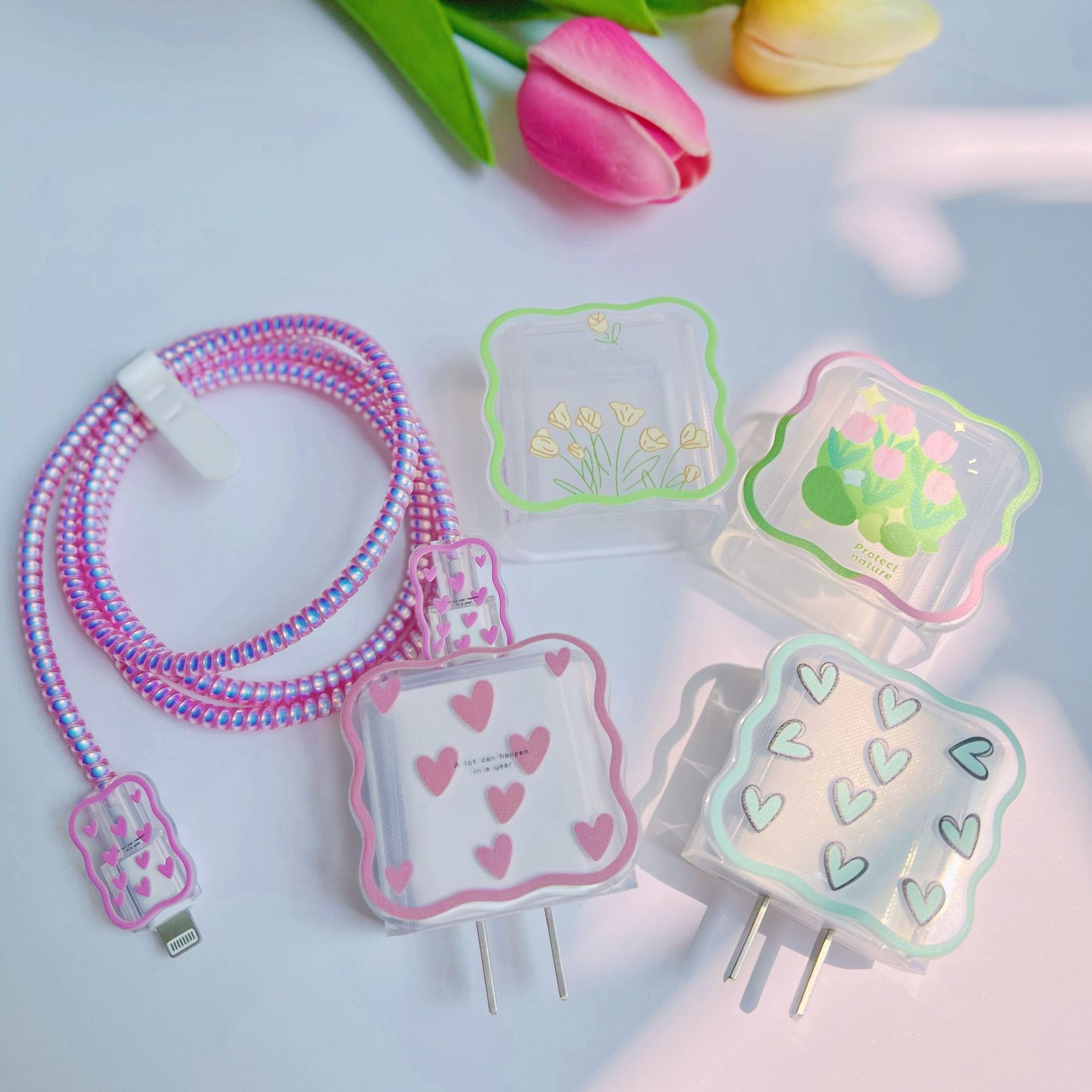 Charger Cable Protector for Apple Iphone 14 13 Cute Heart Wave Charger Case for Iphone 18W/20W US Adapter Data Protective Sleeve