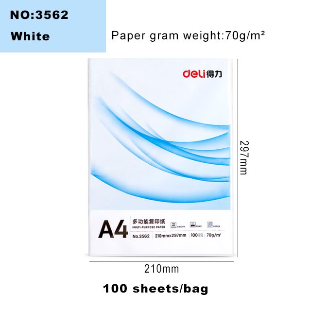 Deli Color Copy Paper A4 Color Computer Printing Paper 100 Sheets/Pack Student Hand-cut Paper-cut Office Supplies: 3562-White