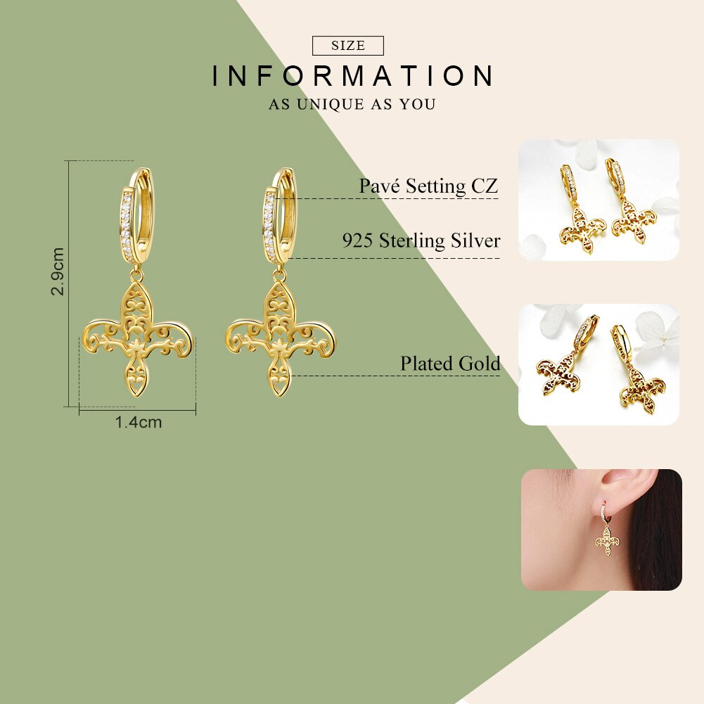 BAMOER Vintage Echt 925 Sterling Silber Iris fleur-de-lis Blume Gold Farbe Frauen Tropfen Ohrringe Ohrringe schmuck SCE535