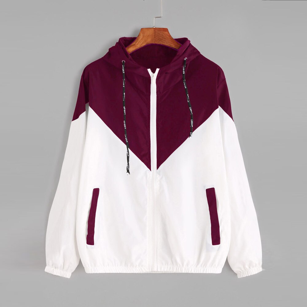 Plus size hættejakke sport-wear kvinder langærmet frakke patchwork tynd skinsuit lynlås lomme sport frakke kvindelig fritidsjakke