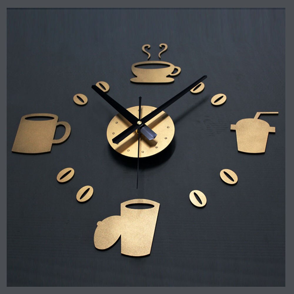 DIY Coffee Wall Clock Modern Gold Kitchen Watch Europe Big Cup 3D Stickers Quartz Digital Clocks Home Decor