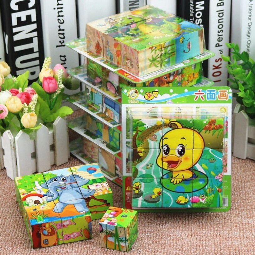 1PC Kinder Cartoon Holz Neun Blöcke Sechs-seitige Weisheit 3D Tier Würfel Puzzle Spielzeug für Kinder Bildungs baby Spielzeug
